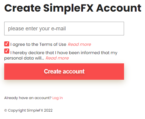 Crear una cuenta SimpleFX